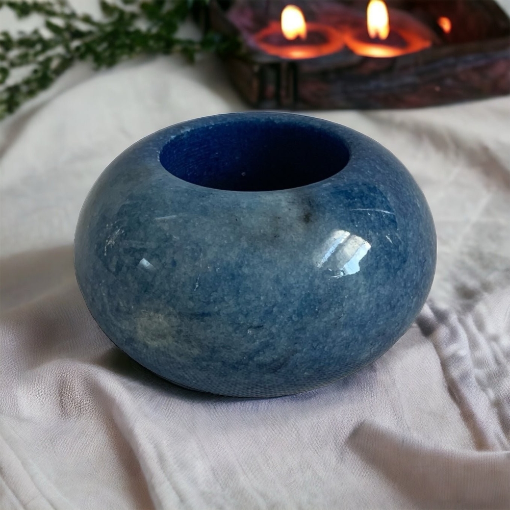 Vintage Blue Marble Tea Light Candle Holder 3.25 Felt Bottom Rare Collectible VG